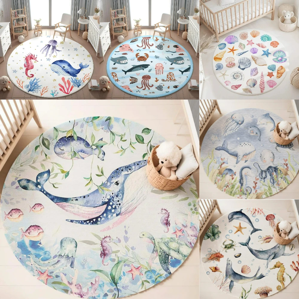 Baby Nursery Decor Girl - Blue Marine animal Round Carpet for