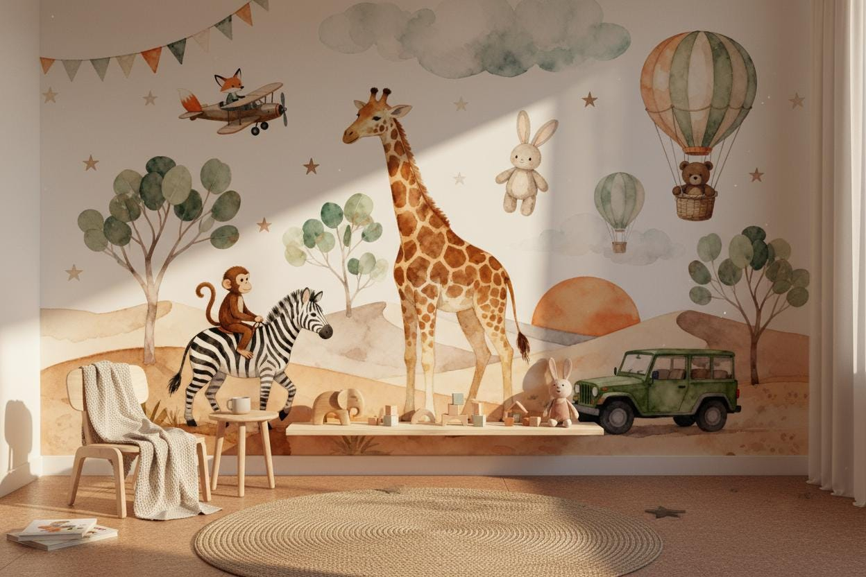 Cartoon Animal Wall Mural Kids - đánh giá và giá Baby Nursery Peel And Stick Wallpaper