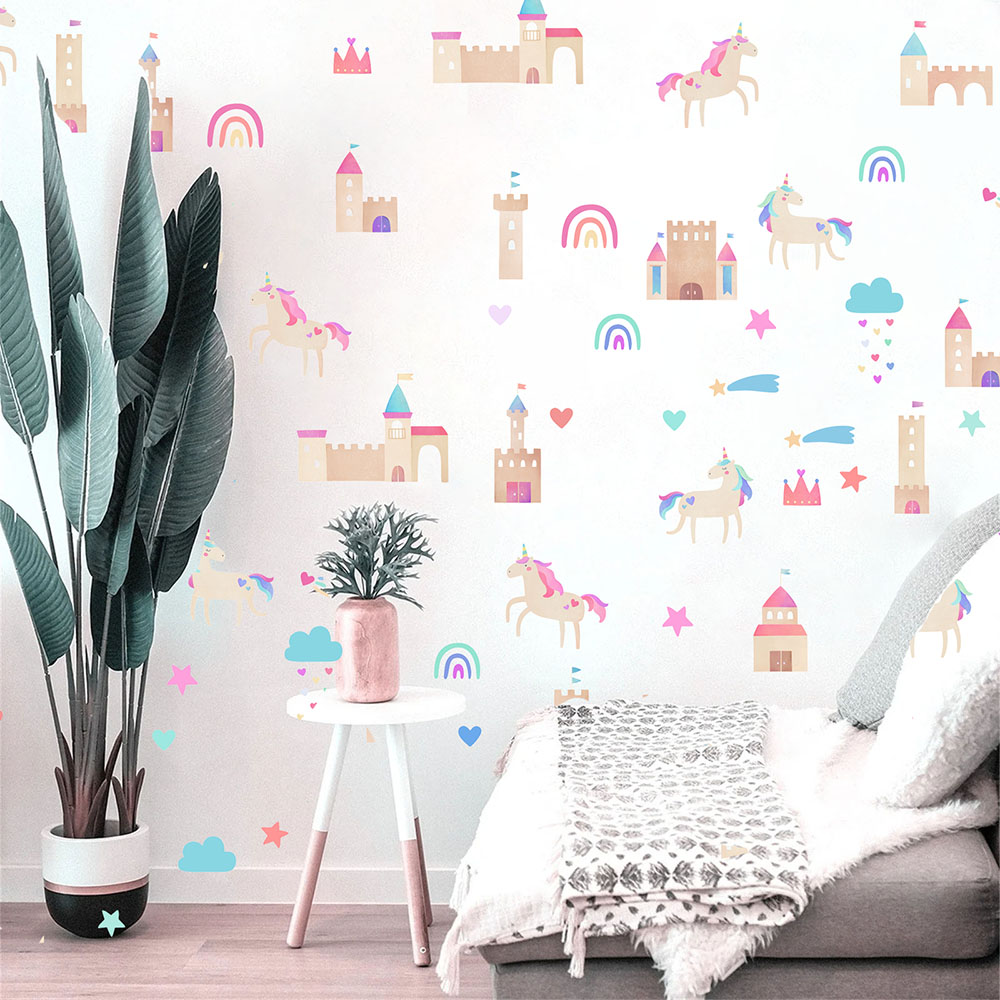 Watercolor Unicorn Castle Wall - đánh giá và giá Baby Girl Nursery Quotes