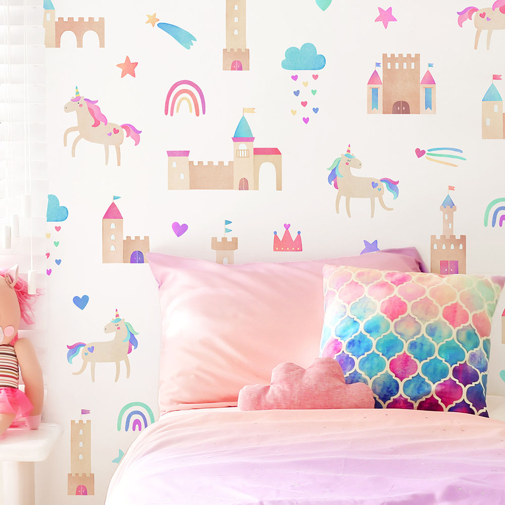 Watercolor Unicorn Castle Wall - đánh giá và giá Baby Girl Nursery Quotes